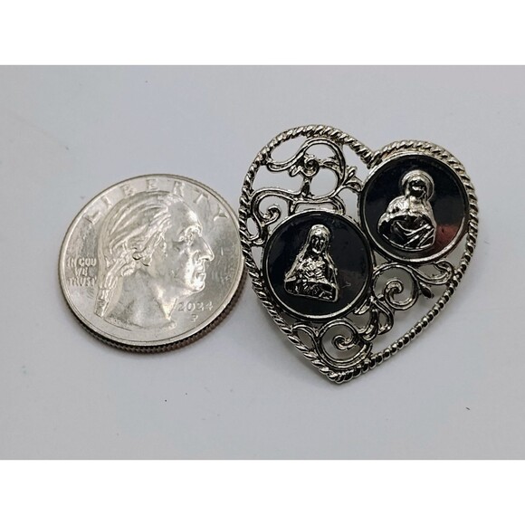 Blessed Virgin Mary & Jesus Heart Design Silver Tone Medal Pin Religious Brooch - Picture 4 of 4